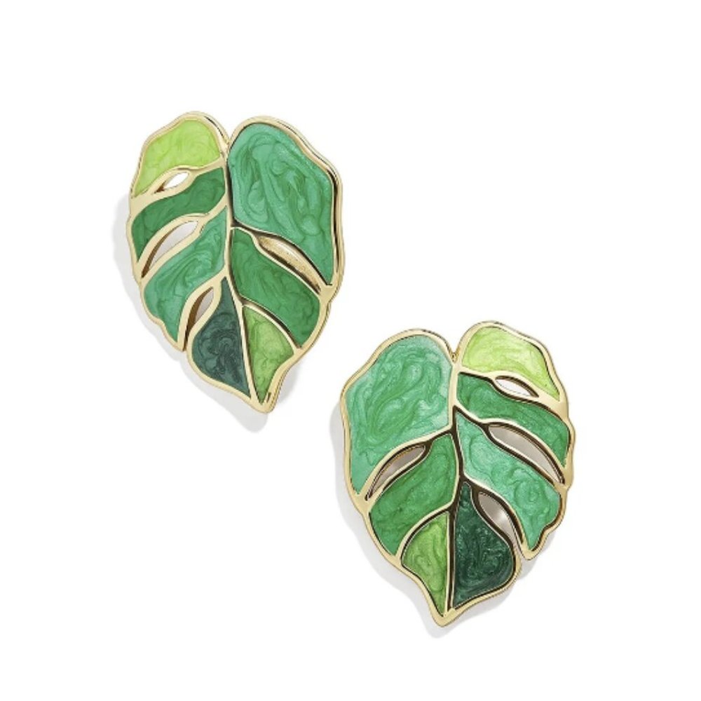 Green & Gold Bohemian Monstera Leaf Palm Tree Leaf Marble Painted Stud Earrings - Picture 3 of 6